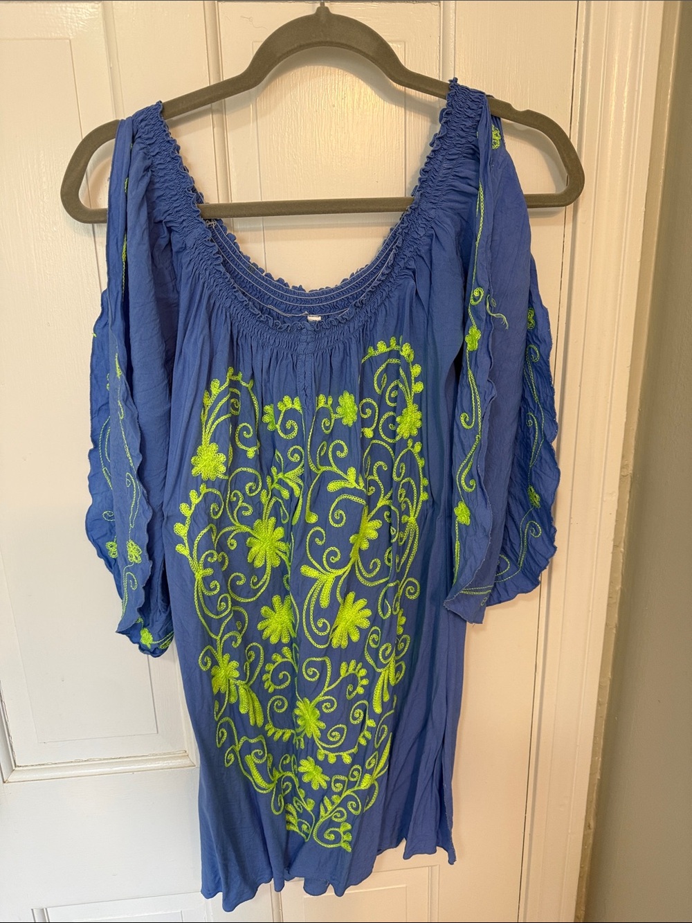 Embroidered Cold-Shoulder Women’s swim cover in Royal Blue with Lime Accents